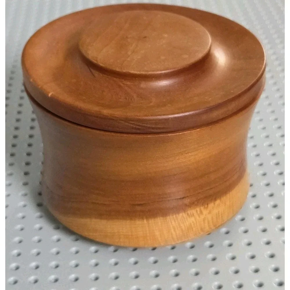 Vintage Black‎ Cherry Wood Round Trinket Stash Spice Box Container with Lid